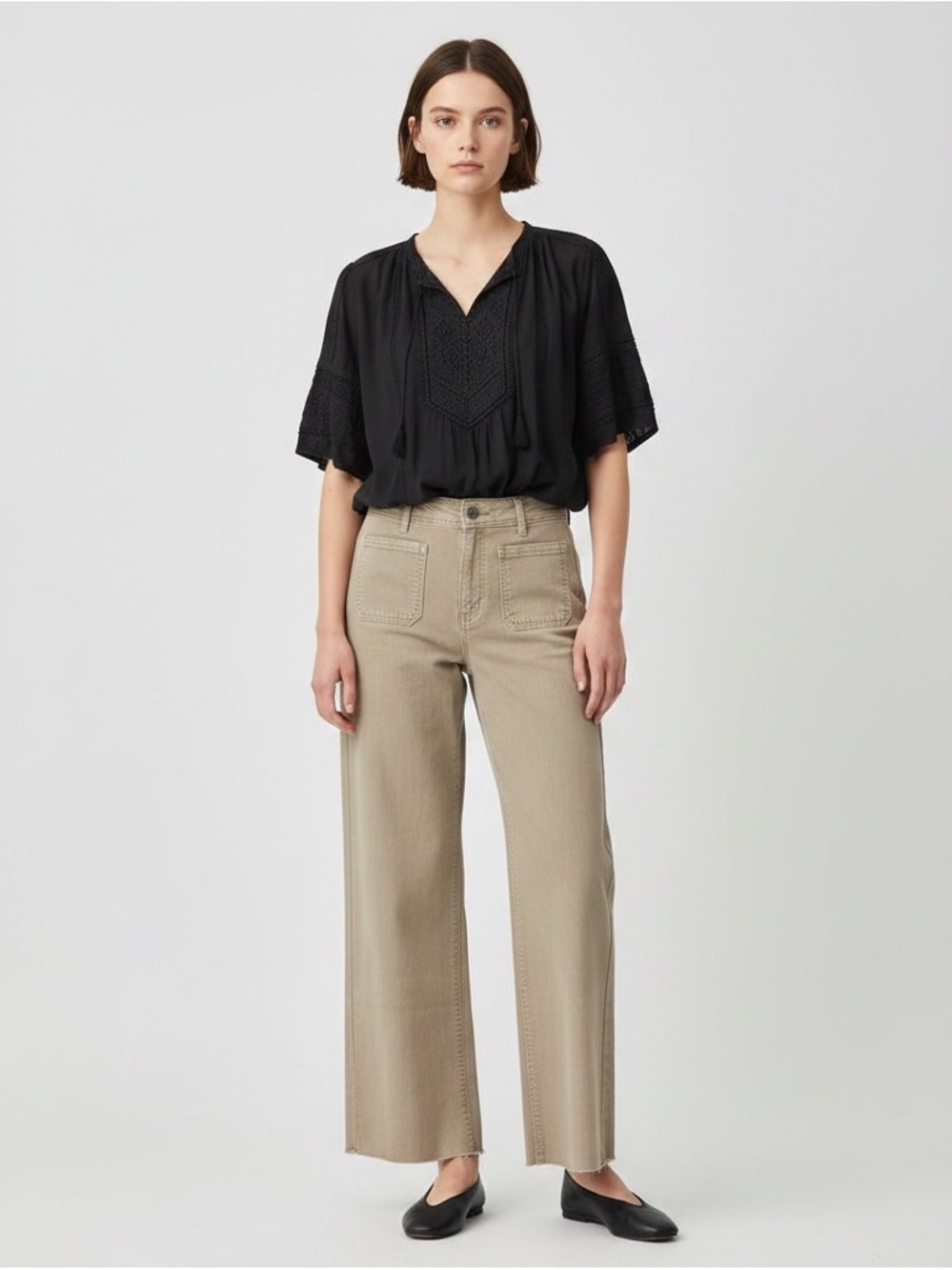 OAT New York Khaki Wide Leg Denim Pants 8/29 High Rise Raw Hem Utility Pockets